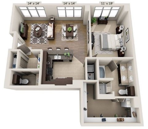Floor plan for 1 bed, 1.5 baths, 1711 sqft